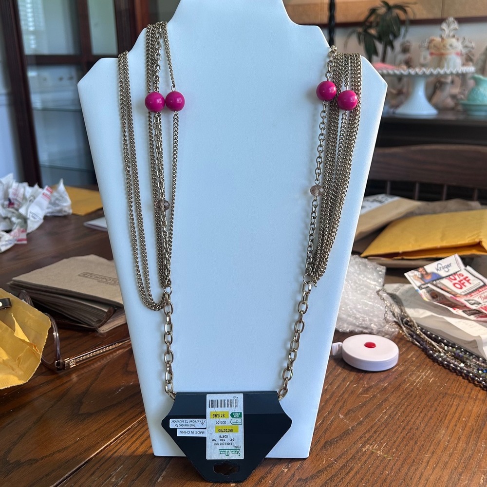 Fabulous Jules Multi Strand Layered Gold Tone Necklace Pink Coral Beads Boho NEW - Picture 5 of 6